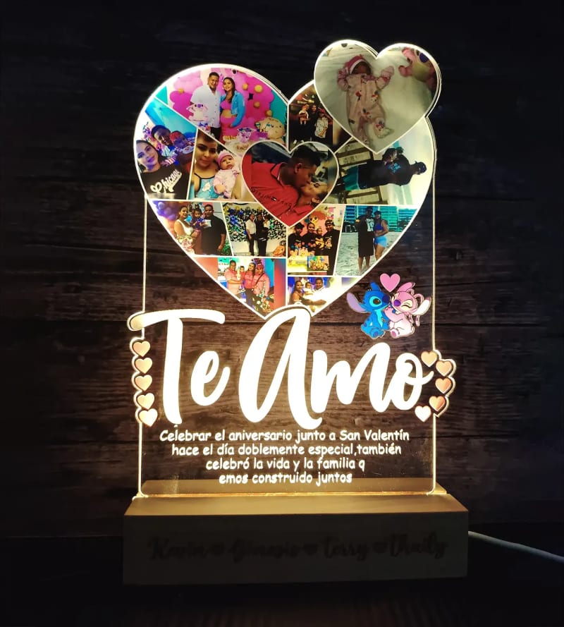 Lámpara Acrílica Corazón LED Personalizada Stitch & Angel | Regalo San Valentín Aniversario - Producto personalizado - Izeta Studio