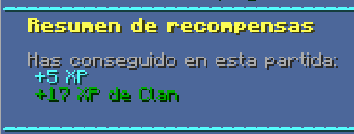 Captura de pantalla del chat en la que aparece el Resumen de recompensas de una partida en ZoneCraft. Se puede ver que el jugador ha conseguido en esa partida "+5 XP" y "+17 XP de Clan".