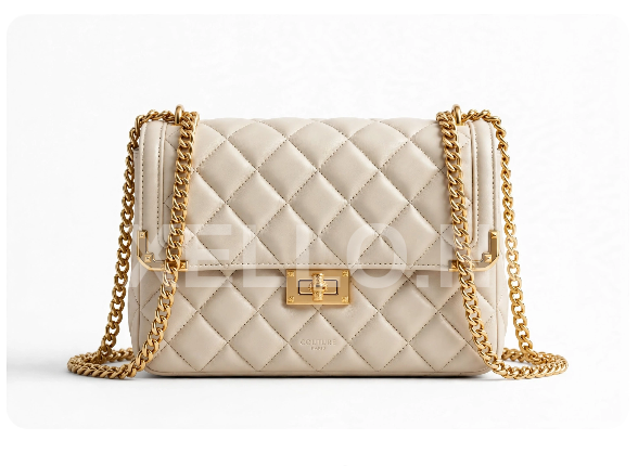 *Cream Quilted Chain Shoulder Bag With Gold Lock - Designer Crossbody Mini Handbag For Women* for sale in Lekki, Lagos