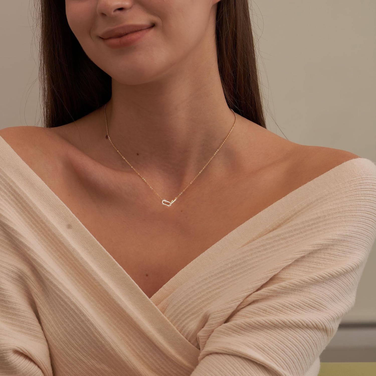 Freekiss Gold Pendant Necklace for Women, Dainty Diamond Necklaces for Women Simple 14K Gold Plated Paperclip Choker Necklaces Cute Minimalist Open Oval Necklaces Gold Jewelry for Women Gifts Gold CZ Paperclip-gold - 2