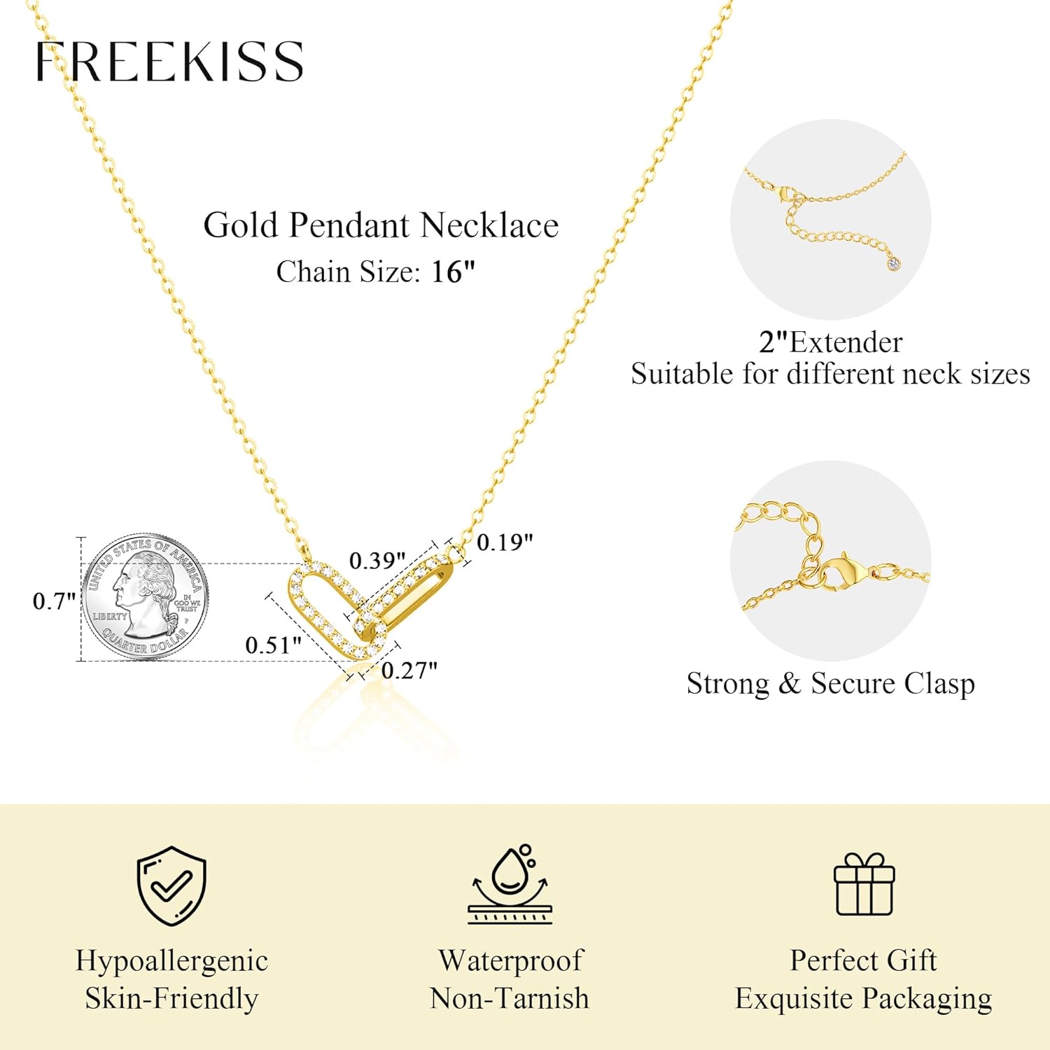 Freekiss Gold Pendant Necklace for Women, Dainty Diamond Necklaces for Women Simple 14K Gold Plated Paperclip Choker Necklaces Cute Minimalist Open Oval Necklaces Gold Jewelry for Women Gifts Gold CZ Paperclip-gold - 3