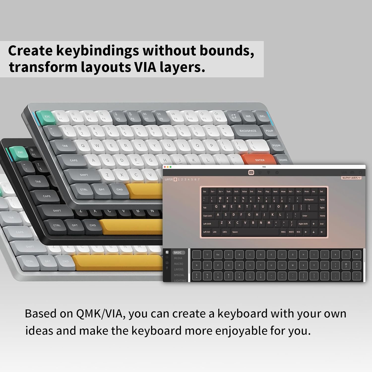 nuphy Air75 V2 Portable 75% Mechanical Keyboard,Wireless Keyboard,Supports Bluetooth/2.4G/USB-C RGB Bluetooth Keyboards,Compatible with Windows/Mac OS/Linux Systems-Grey Gateron Red Switch - 4