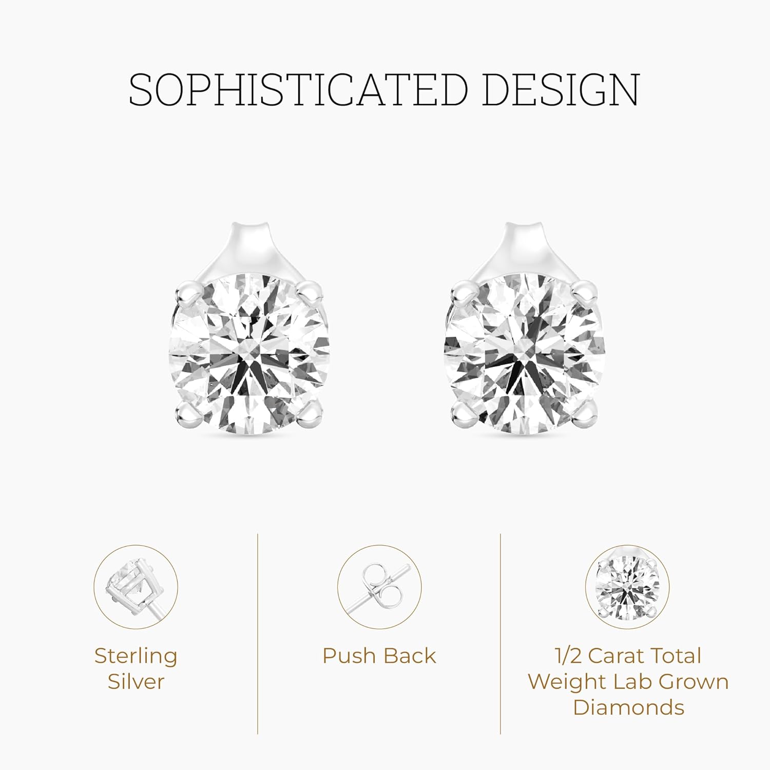 Gilded Lab-Grown Diamond Stud Earrings for Women| 925 Sterling Silver Studs and 14KT Gold 925 Plated Silver | Hypoallergenic Fine Jewelry | 4-Prong Basket, Push Back Nut | Round Cut, SI1 Clarity, F Color | 1/10,1/5,1/4,1/3,3/8,1/2,3/4,7/8,1 Carat Total Weight 1/2 CTTW Silver