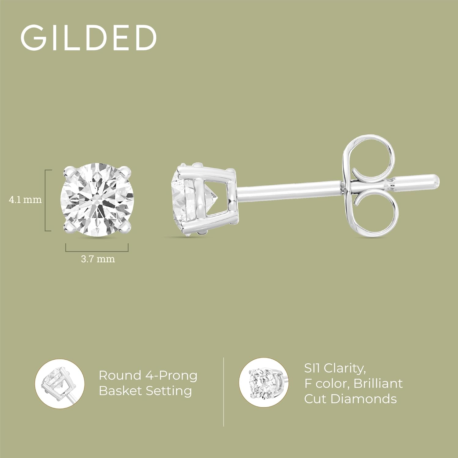 Gilded Lab-Grown Diamond Stud Earrings for Women| 925 Sterling Silver Studs and 14KT Gold 925 Plated Silver | Hypoallergenic Fine Jewelry | 4-Prong Basket, Push Back Nut | Round Cut, SI1 Clarity, F Color | 1/10,1/5,1/4,1/3,3/8,1/2,3/4,7/8,1 Carat Total Weight 1/2 CTTW Silver - 3