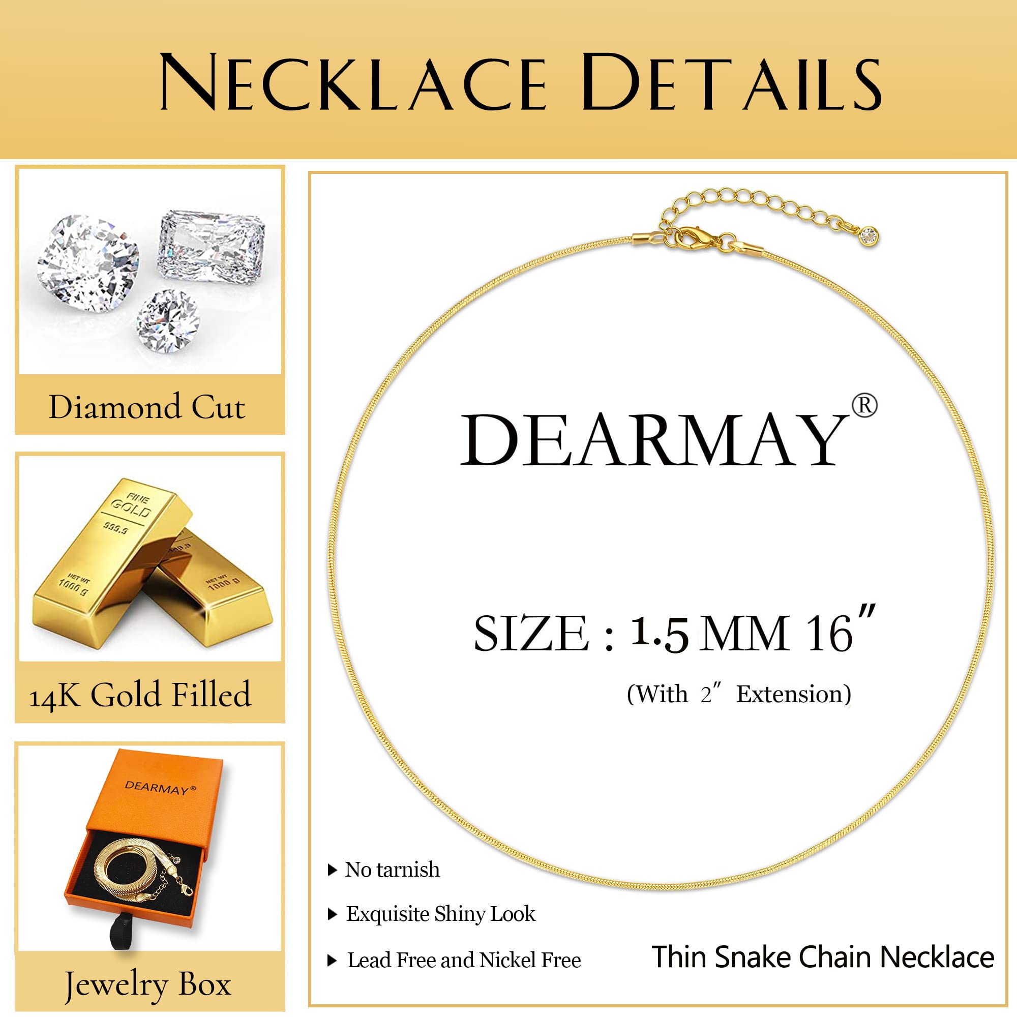 DEARMAY 14K Gold Plated Necklaces for Women, Dainty Gold Herringbone Choker Necklace Thin Layered Snake Chain Jewelry for Gifts 1.5MM 16"-GD Herringbone Necklace - 2