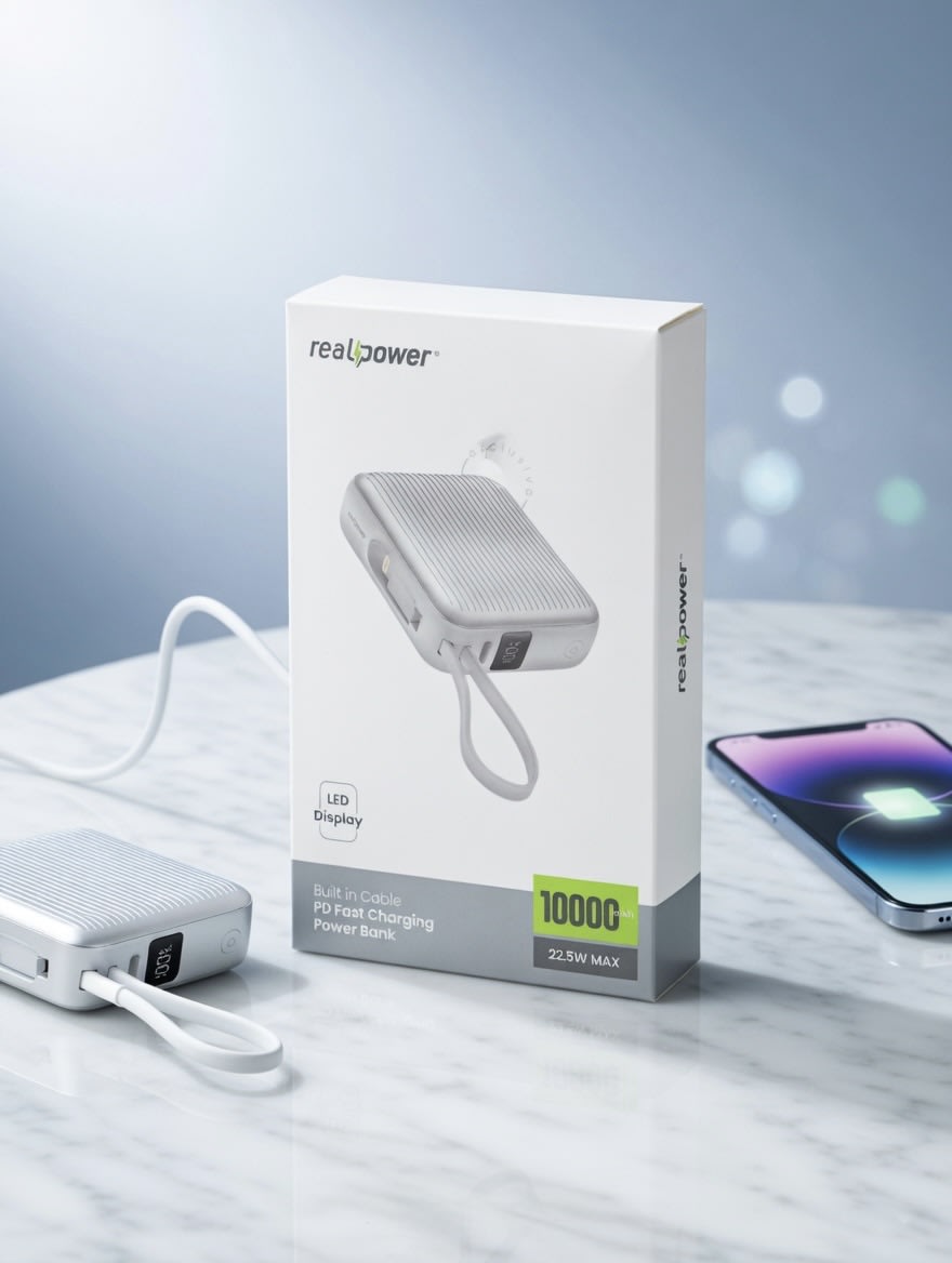 Realpower Dahili Kablolu Powerbank – 10000 mAh, 22.5W PD Hızlı Şarj, LED Ekran