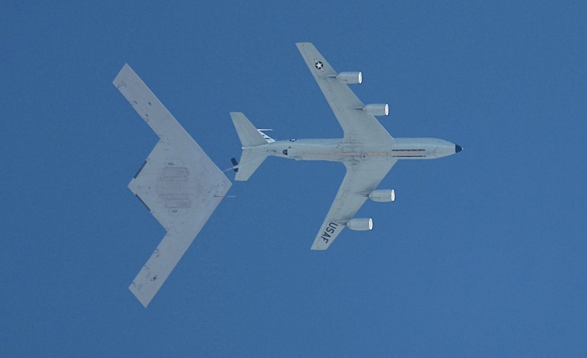 B-21 Raider stealth bomber mid-air refueling from KC-135 Stratotanker