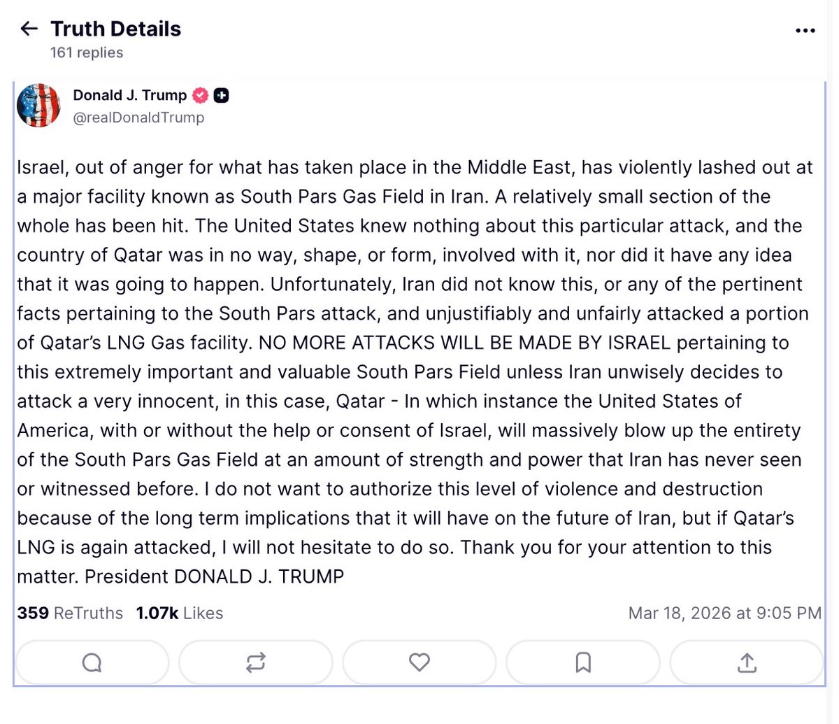 Trump Truth Social post on South Pars