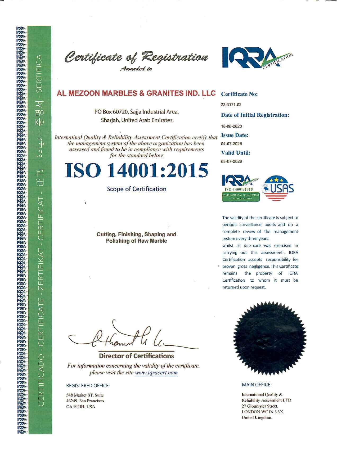 ISO 14001:2015 Certificate Thumbnail