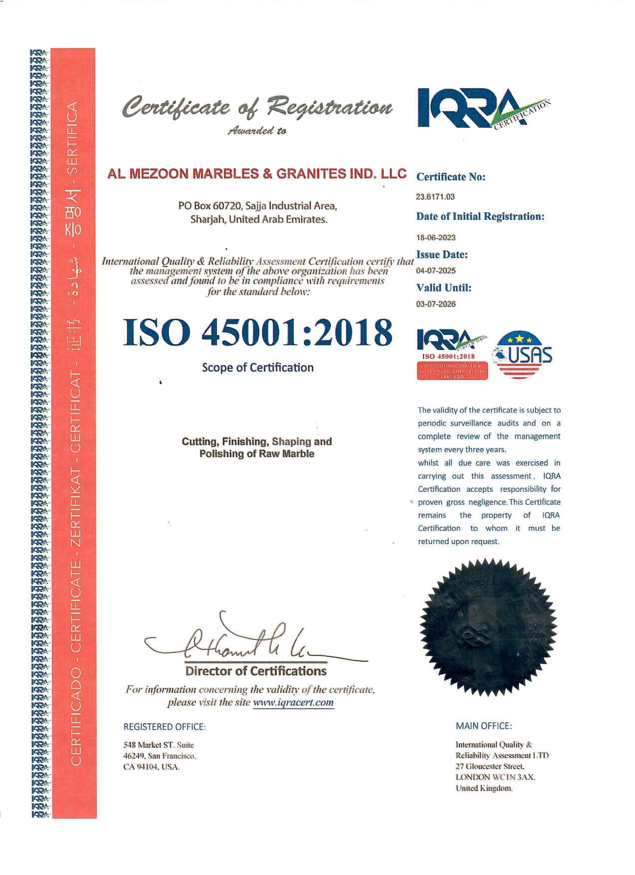 ISO 45001:2018 Certificate Thumbnail