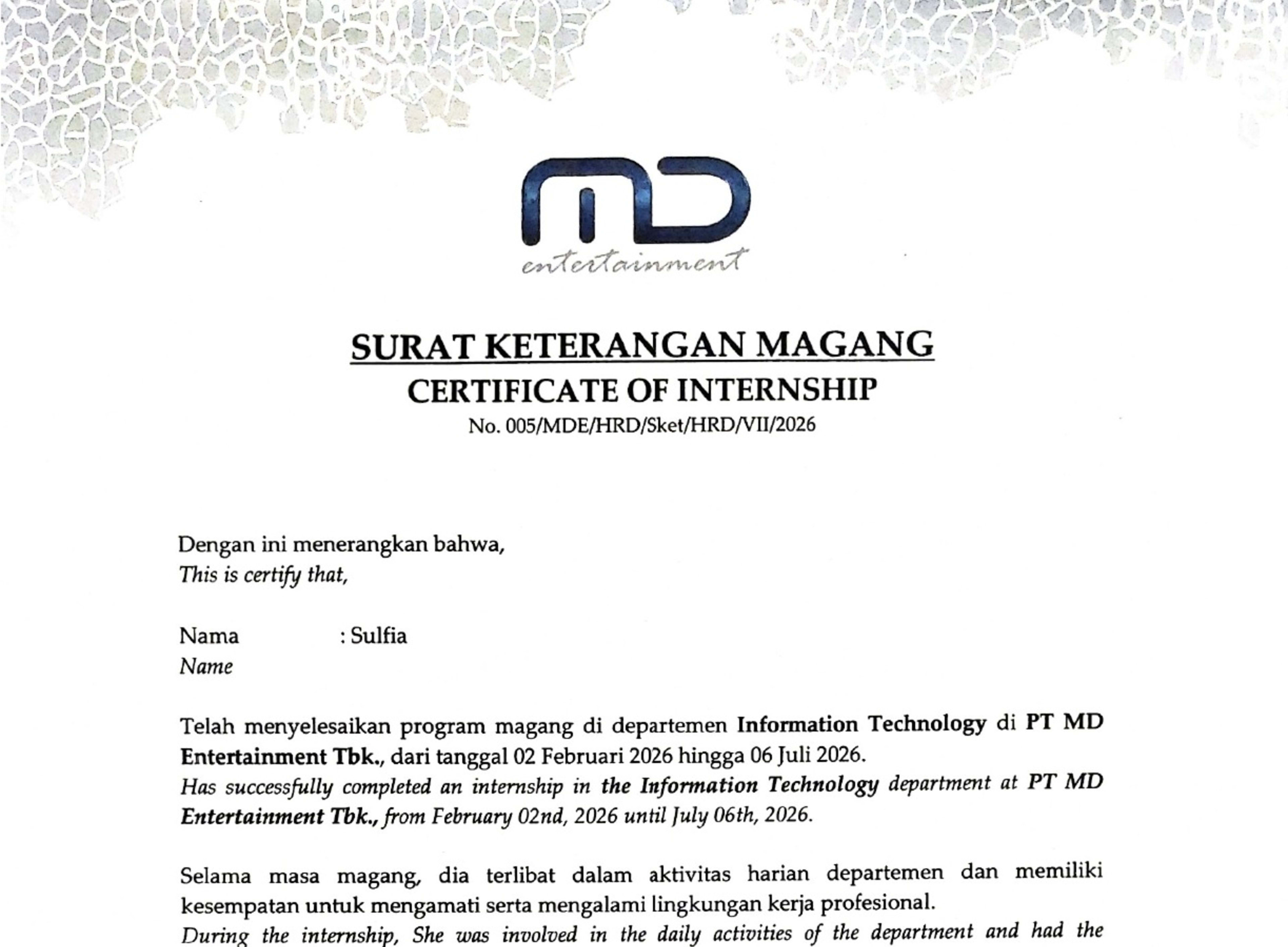MD Ent Internship Certificate