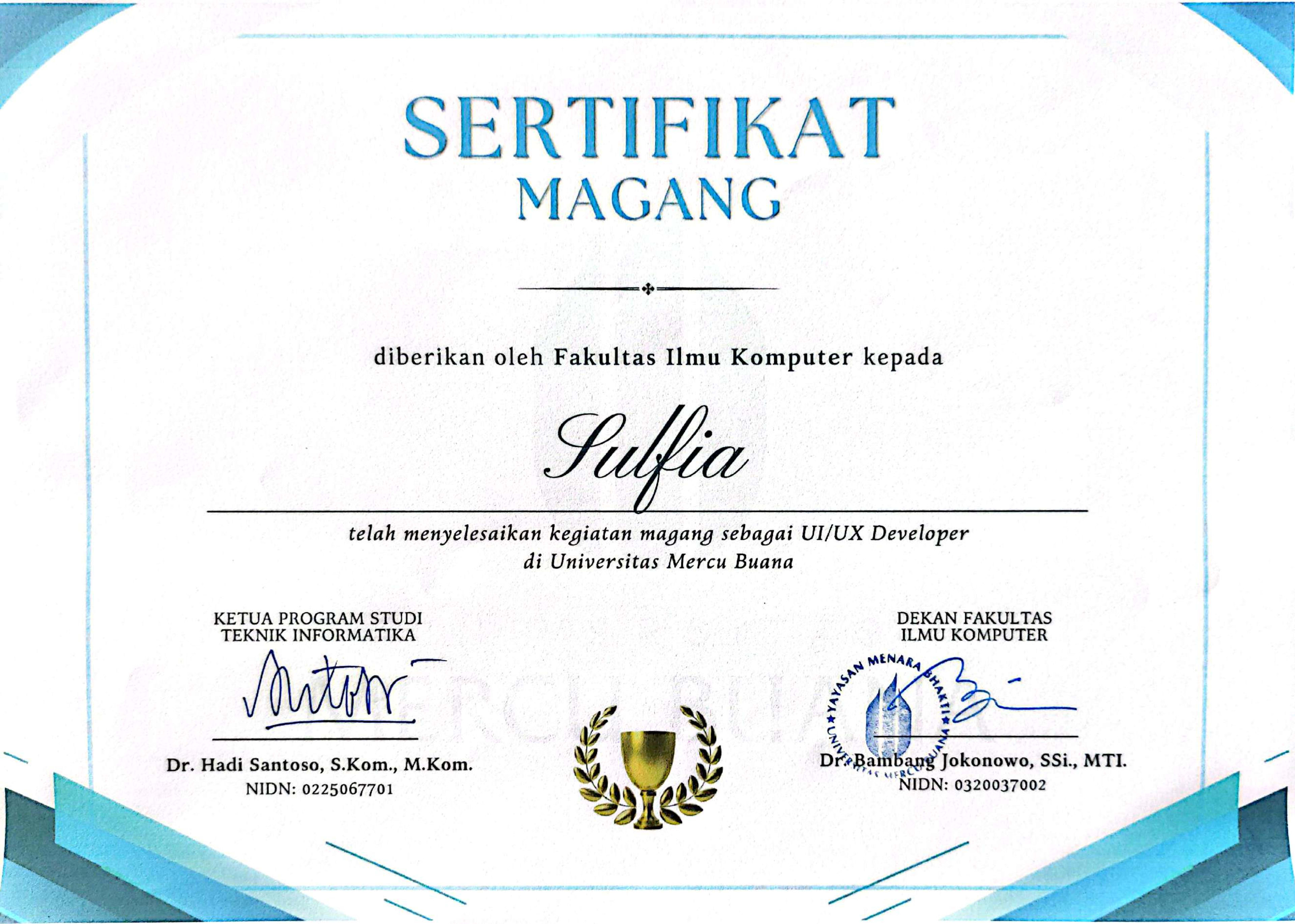 Fasilkom Internship Certificate