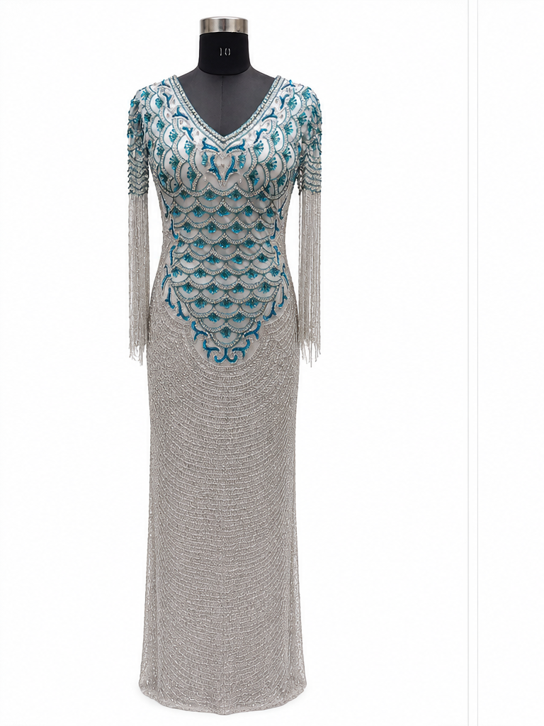 Silver Teal Scallop Evening Gown