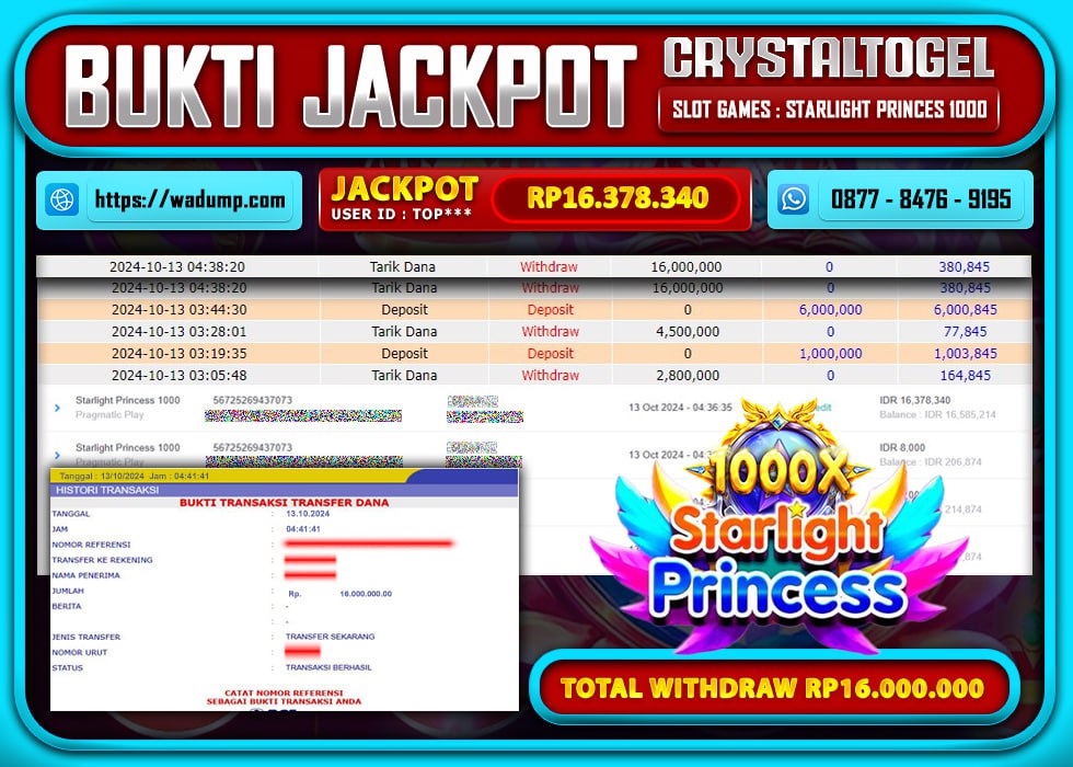CRYSTALTOGEL JACKPOT SLOT STARLIGHT PRINCESS 1000 Rp.16.000.000.,- LUNAS