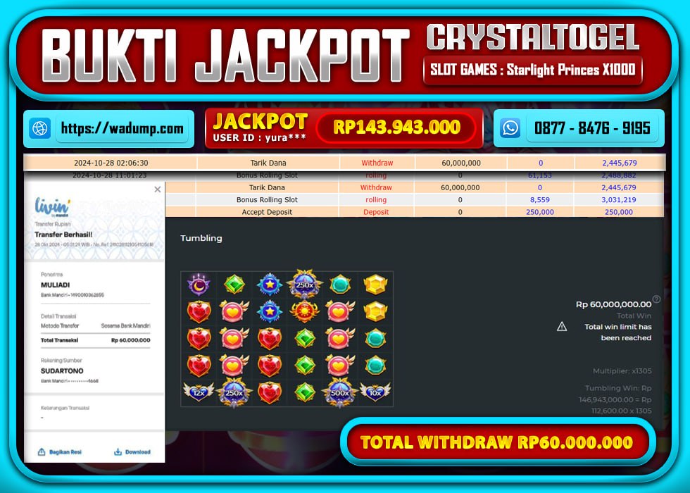 CRYSTALTOGEL JACKPOT SLOT STARLIGHT PRINCES 1000 Rp.60.000.000.,- LUNAS