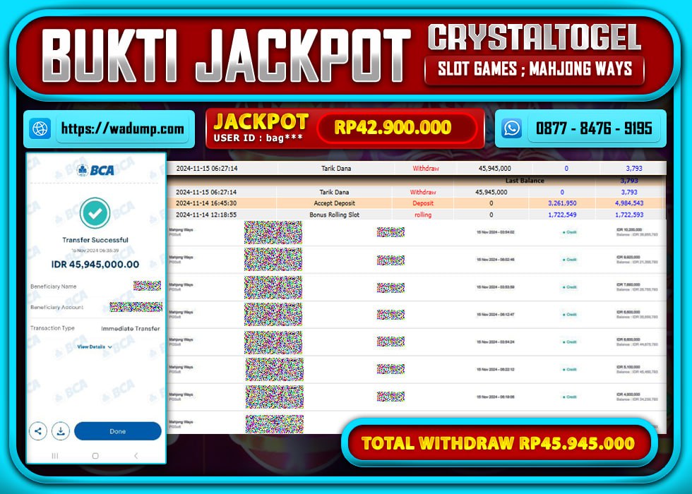CRYSTALTOGEL JACKPOT SLOT MAHJONG WAYS Rp.45.945.000.,- LUNAS