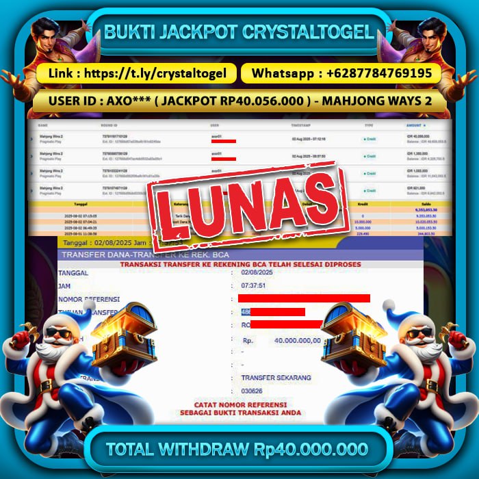 CRYSTALTOGEL JACKPOT SLOT MAHJONG WAYS 2 Rp.40.000.000.,- LUNAS
