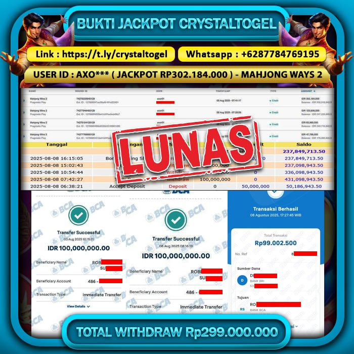 CRYSTALTOGEL JACKPOT SLOT MAHJONG WAYS 2 Rp.299.000.000.,- LUNAS