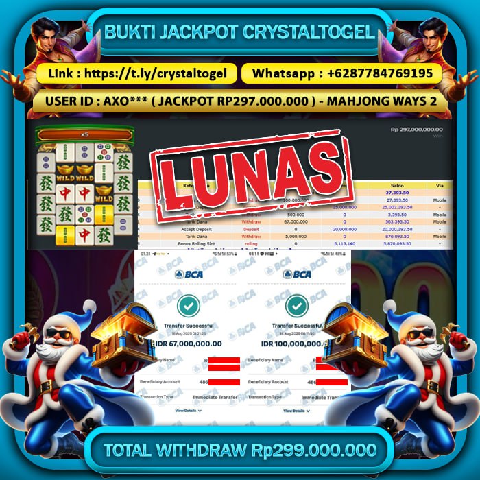 CRYSTALTOGEL JACKPOT SLOT MAHJONG WAYS 2 Rp.299.000.000.,- LUNAS