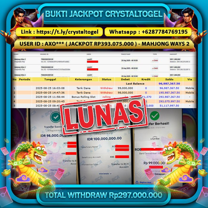 CRYSTALTOGEL JACKPOT SLOT MAHJONG WAYS 2 Rp.297.000.000.,- LUNAS