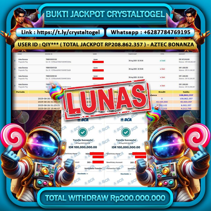 CRYSTALTOGEL JACKPOT SLOT AZTEC BONANZA Rp.200.000.000.,- LUNAS
