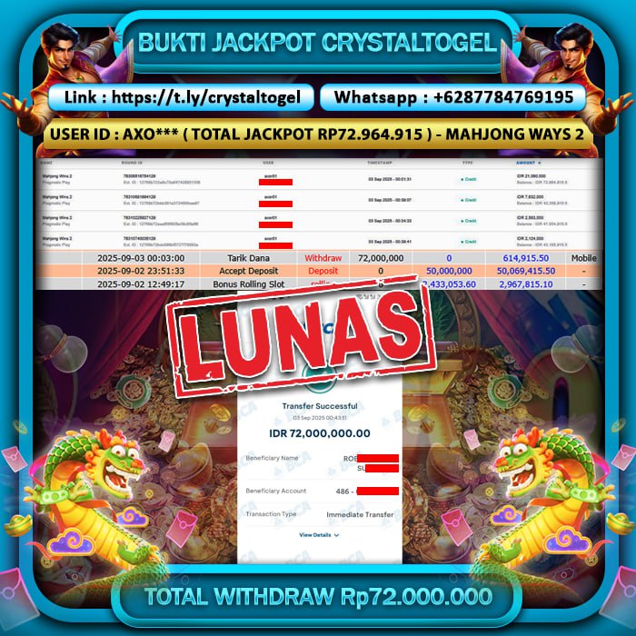 CRYSTALTOGEL JACKPOT SLOT MAHJONG WAYS 2 Rp72.000.000.,- LUNAS