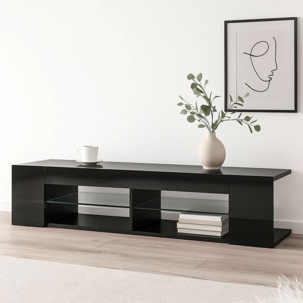 Mueble de TV Moderno Negro con Luces LED y Compartimentos