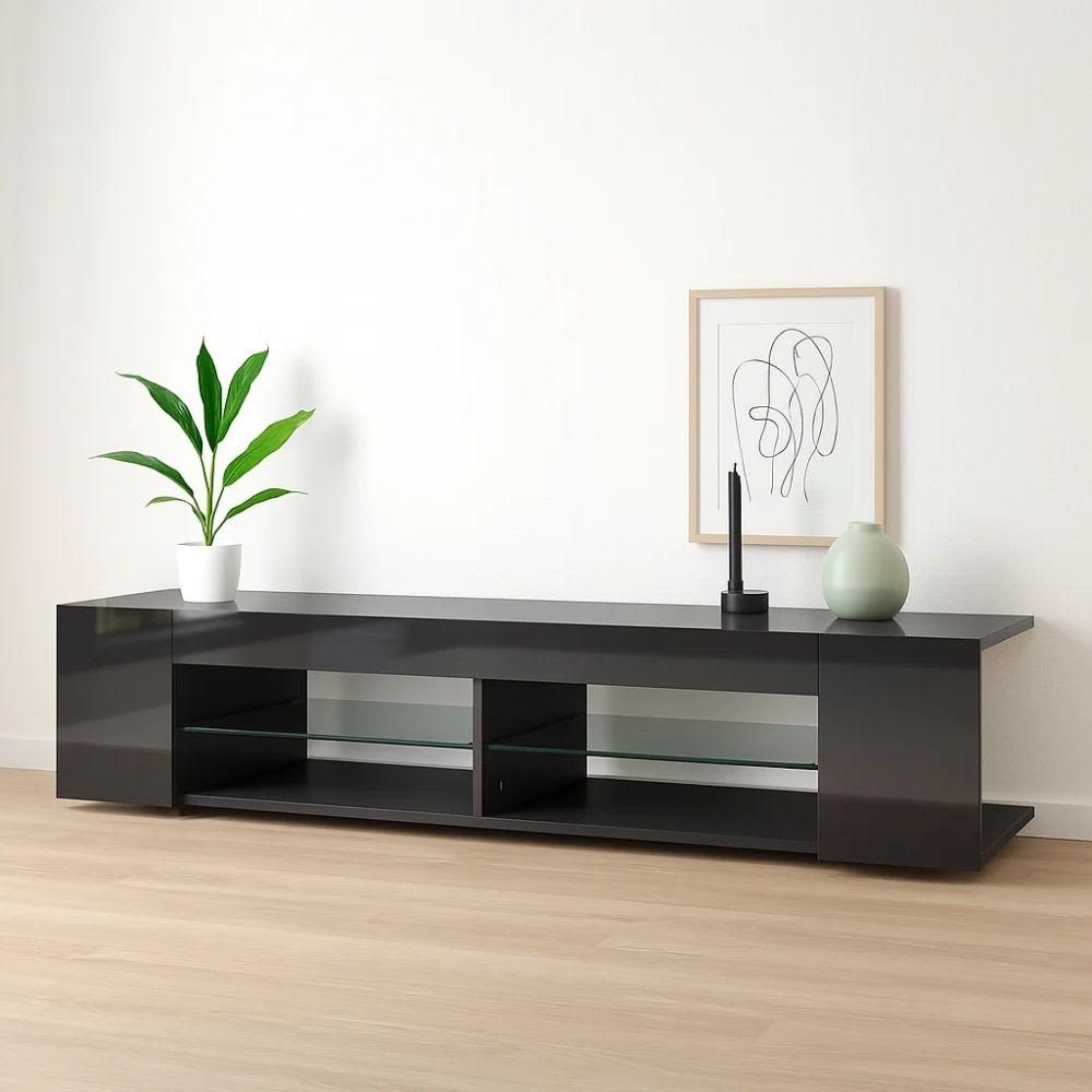 Mueble de TV Moderno Negro con Luces LED y Compartimentos