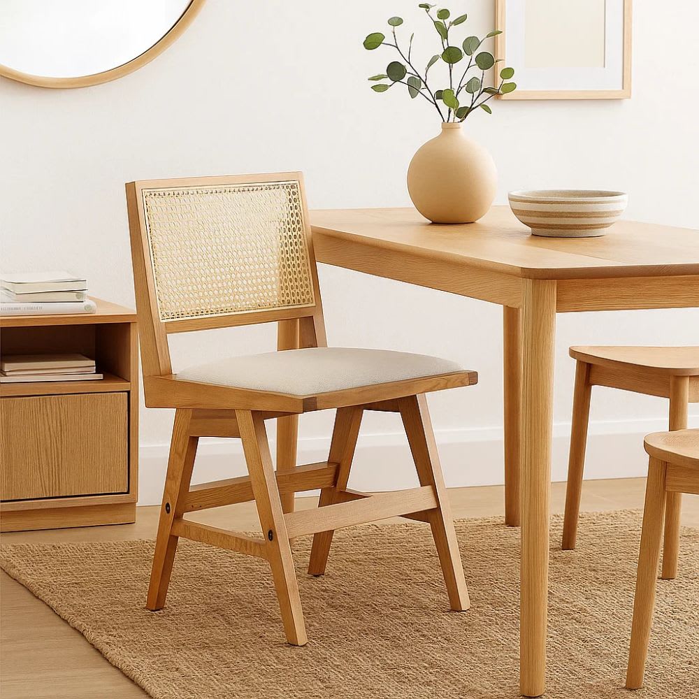 Silla Aura de Rattan con Asiento de Tela - Natural Beige