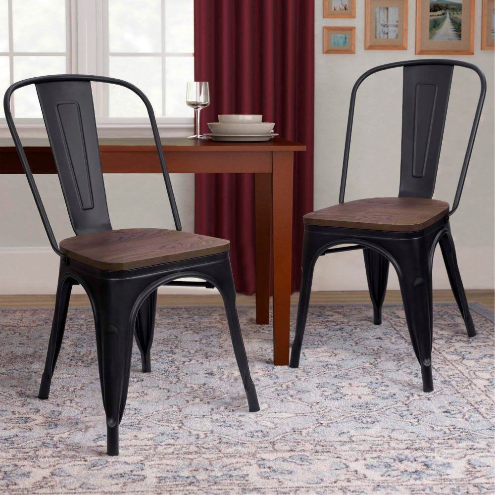 Silla Tolix Asiento de Madera Oscura - Negra