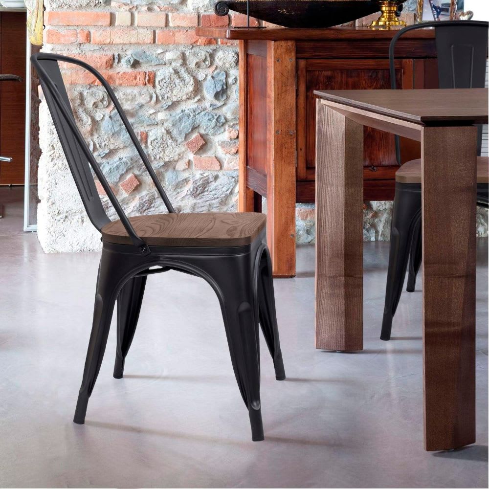 Silla Tolix Asiento de Madera Oscura - Negra