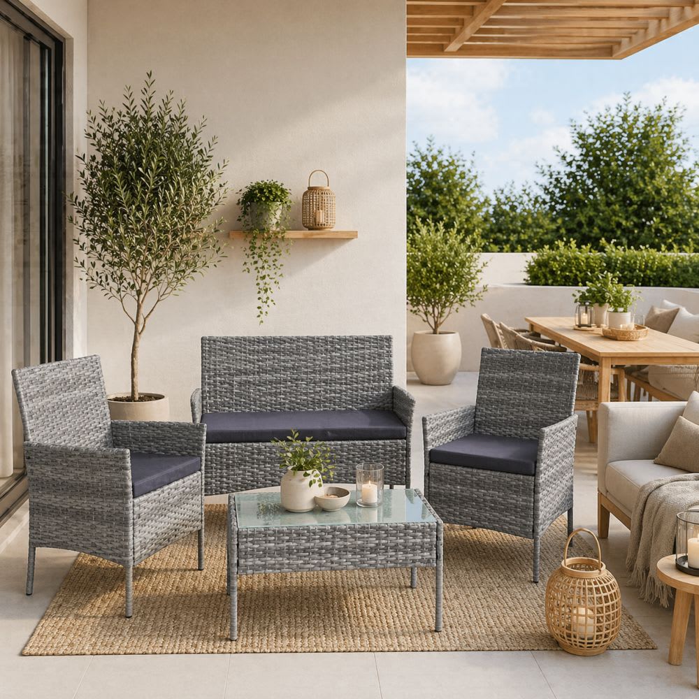 Juego Terraza 4 Piezas Gris Rattan