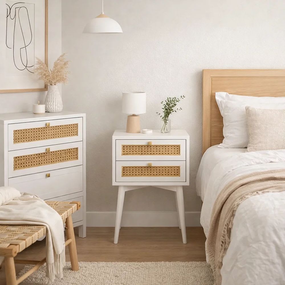 Velador Rattan 2 Cajones Blanco
