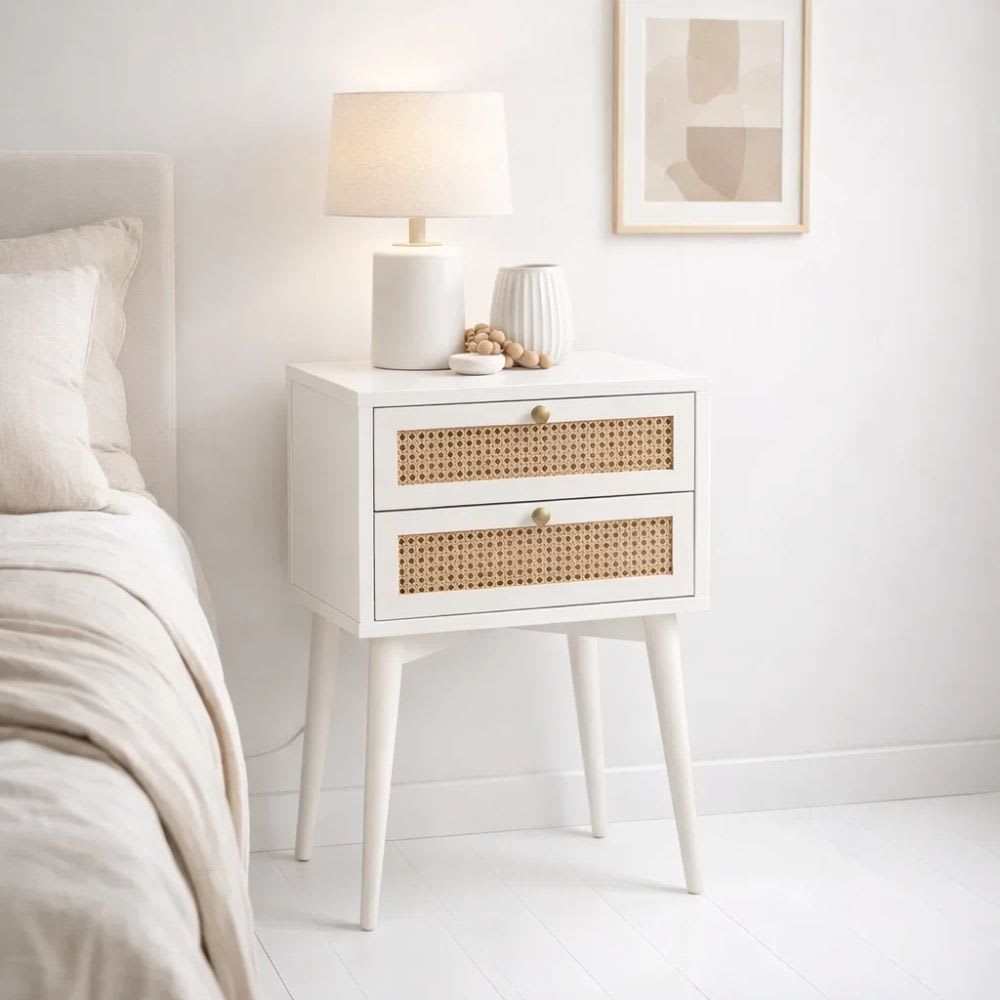 Velador Rattan 2 Cajones Blanco