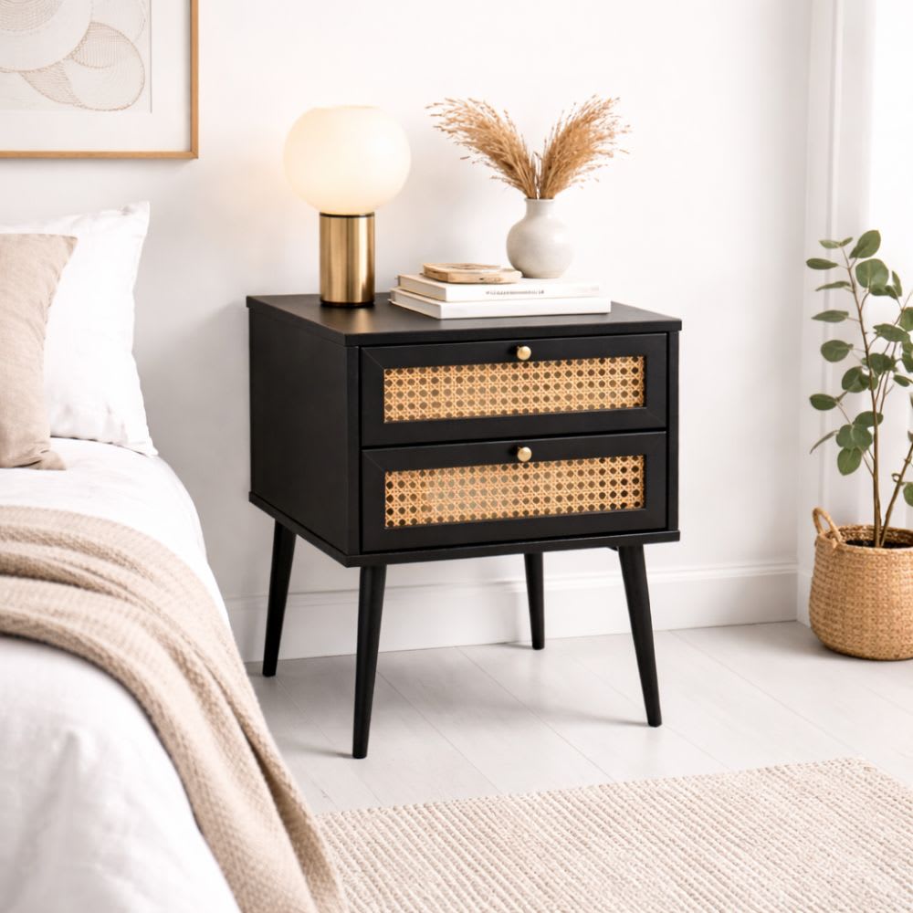 Velador Rattan 2 Cajones Negro