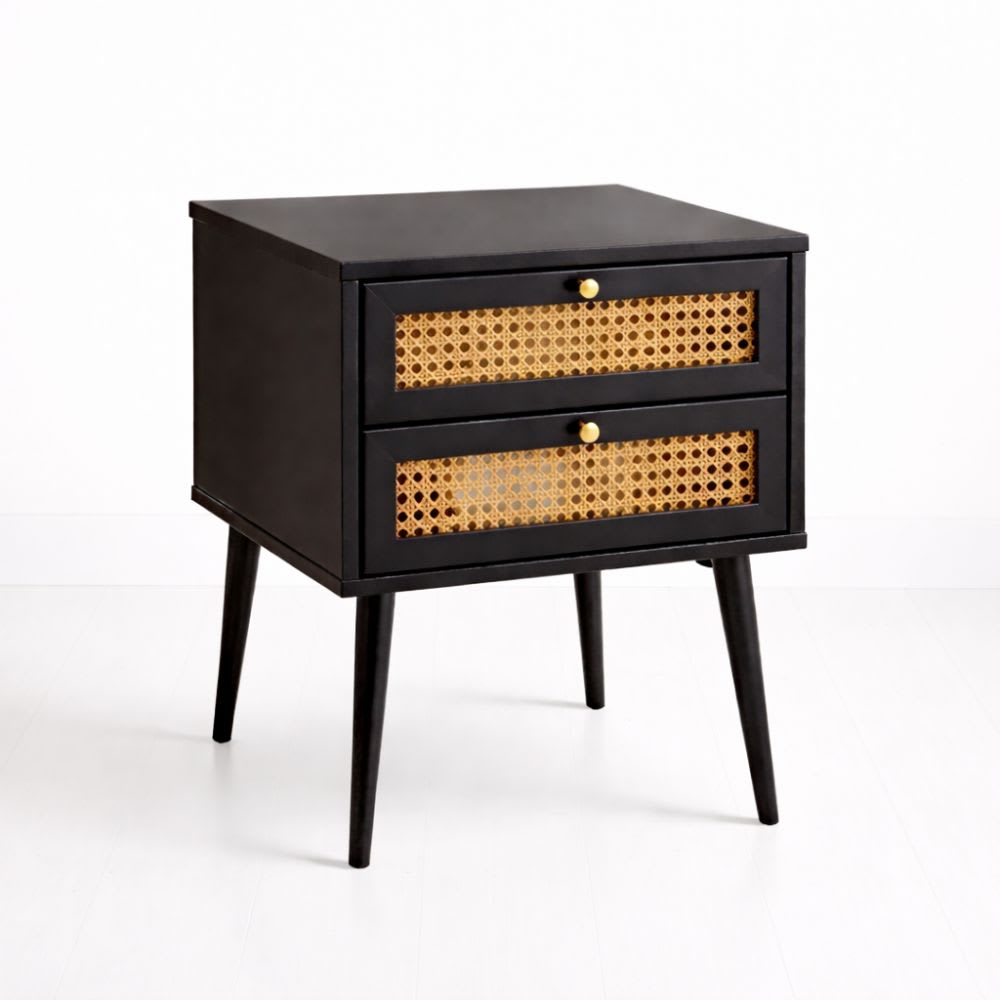 Velador Rattan 2 Cajones Negro