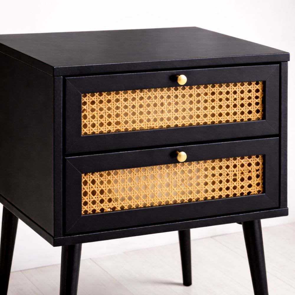Velador Rattan 2 Cajones Negro