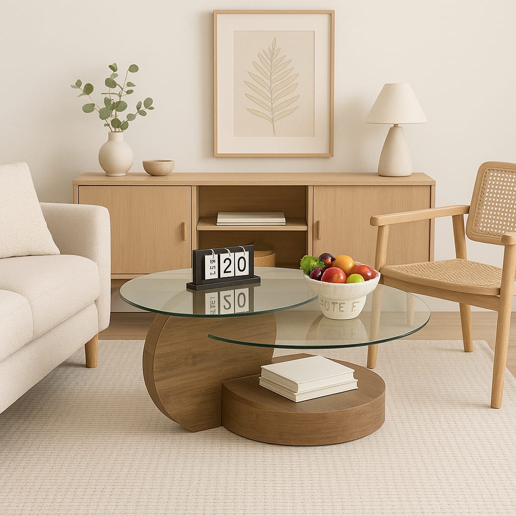 Mesa de Centro DuoGlass con Bases de Madera y Superficie de Vidrio