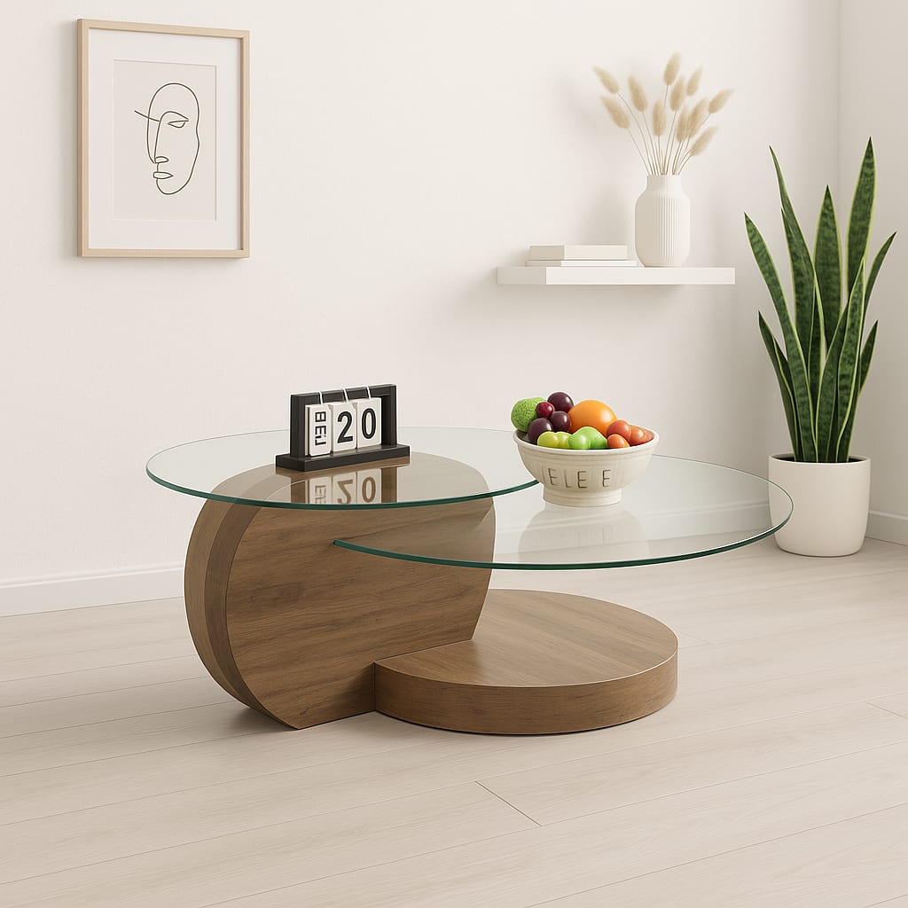Mesa de Centro DuoGlass con Bases de Madera y Superficie de Vidrio
