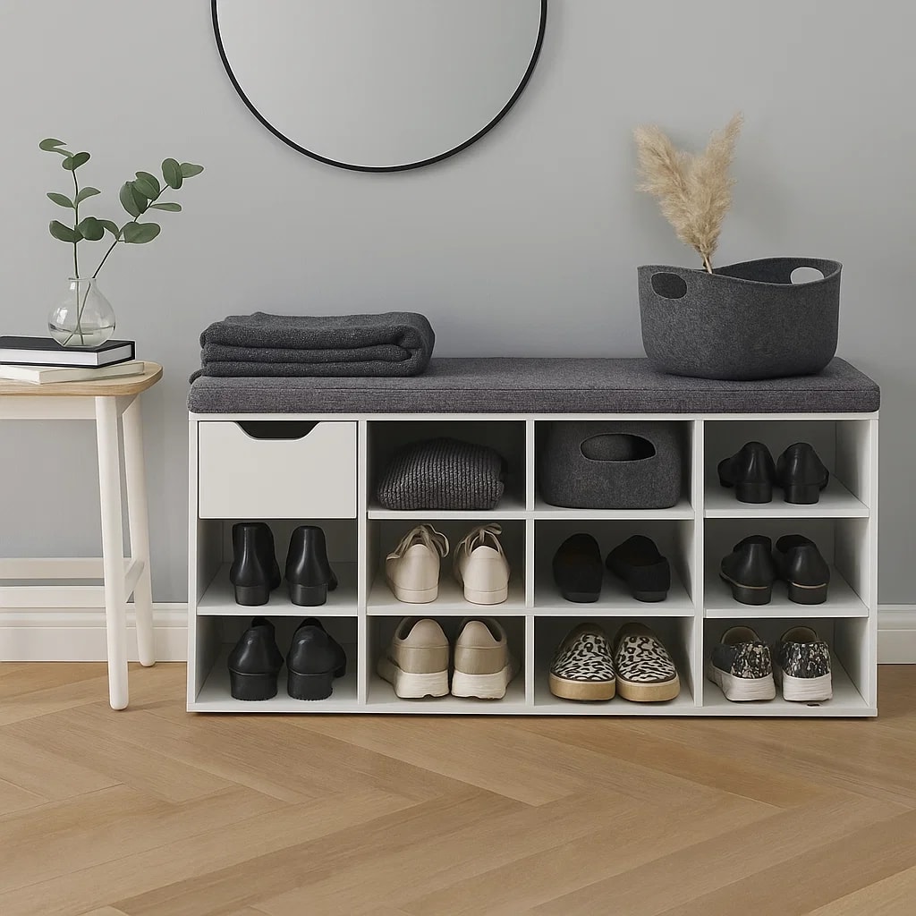 Banco Zapatero Blanco con Cojín y 10 Compartimentos