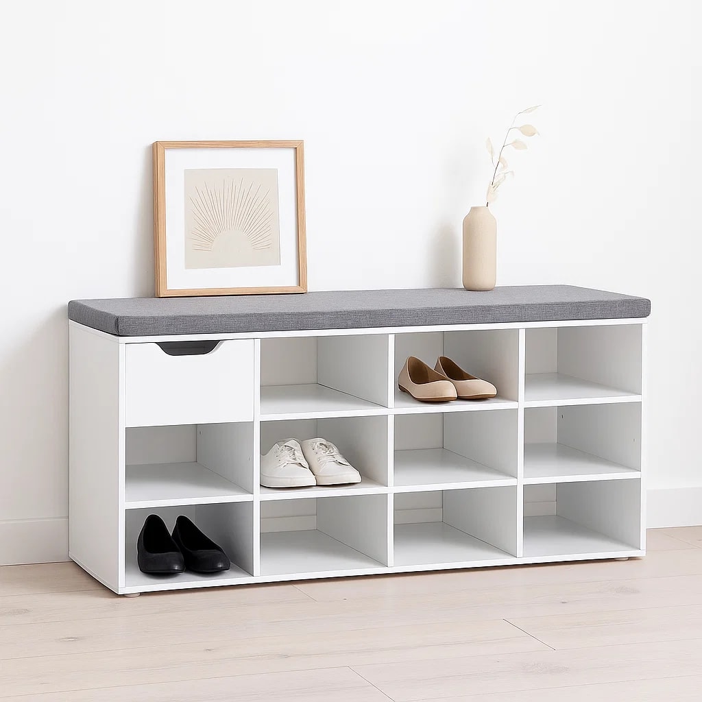 Banco Zapatero Blanco con Cojín y 10 Compartimentos