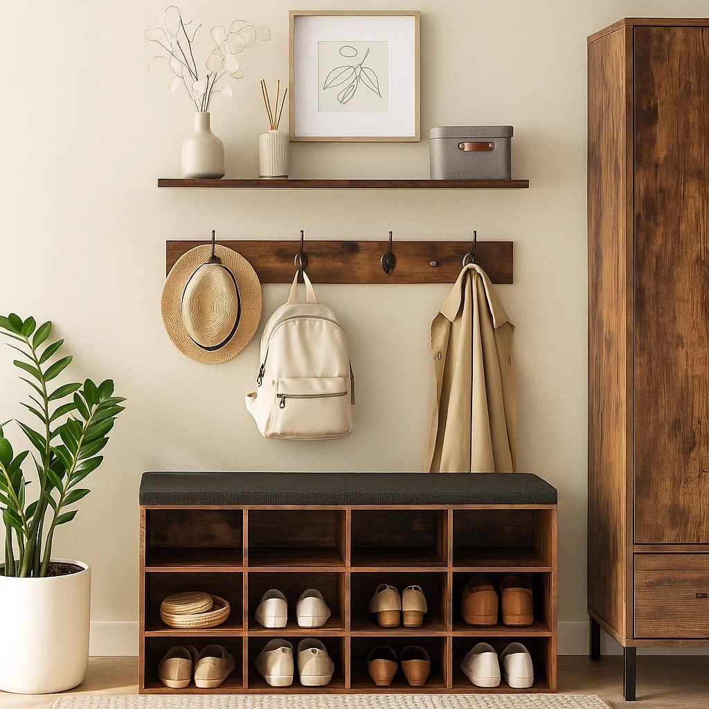 Banco Organizador con Zapatero y Percheros Rústicos