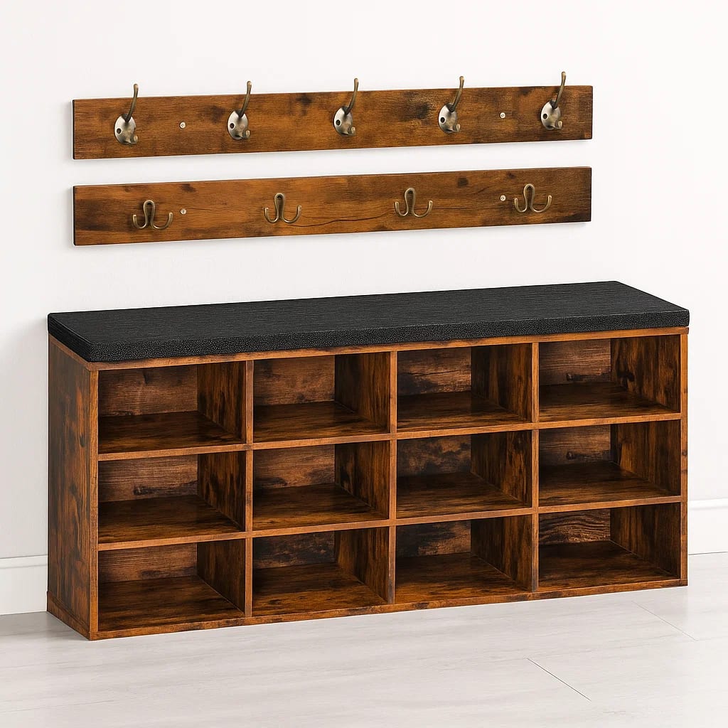 Banco Organizador con Zapatero y Percheros Rústicos