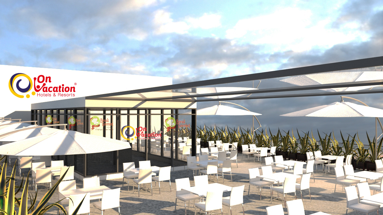 Renderización 3D de cafetería empresarial - Visualización del proyecto