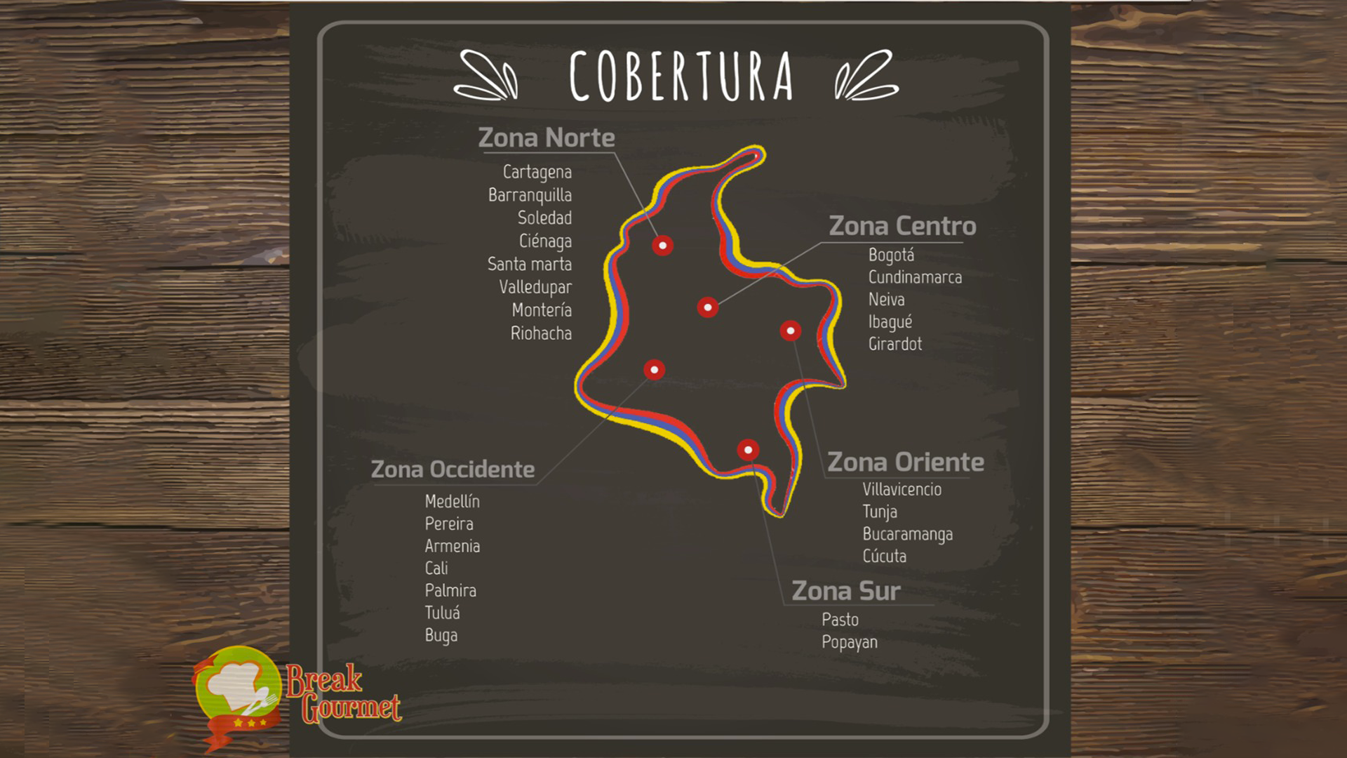 Mapa de Cobertura Nacional Break Gourmet - Ciudades de Colombia con servicio disponible
