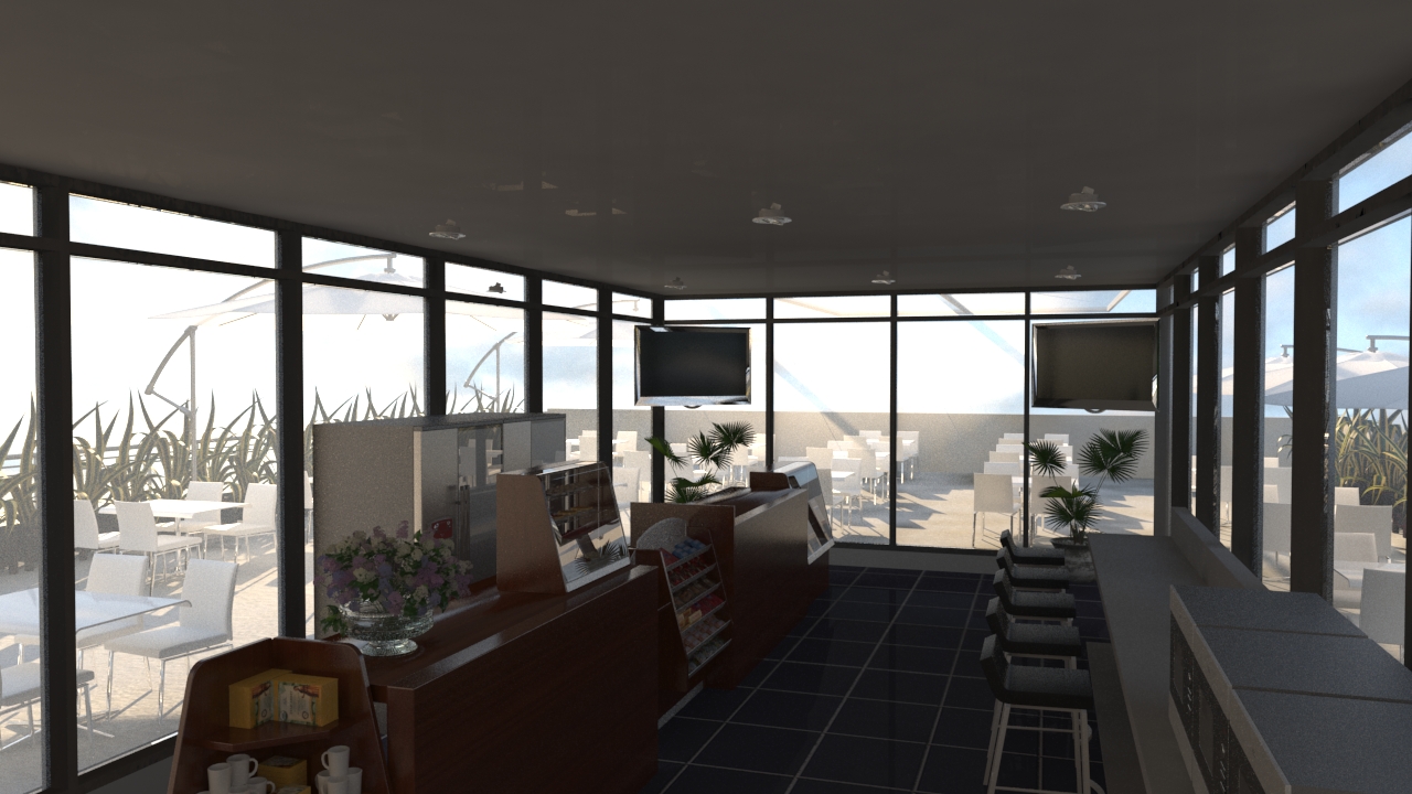 Diseño de Cafetería Empresarial - Render 3D de espacio moderno