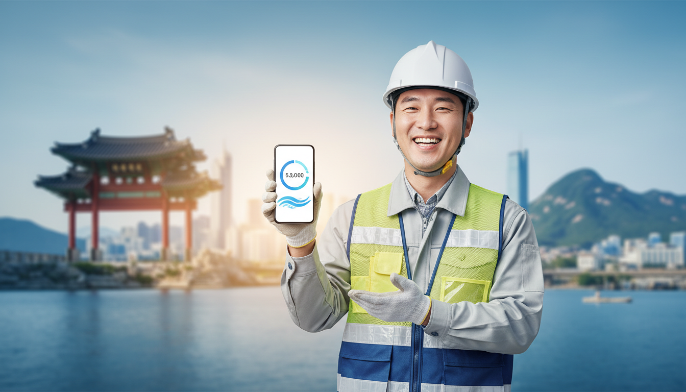 여행 가방을 들고 밝게 웃고 있는 안전모를 쓴 건설 근로자와 국내 여행지를 상징하는 랜드마크 배경