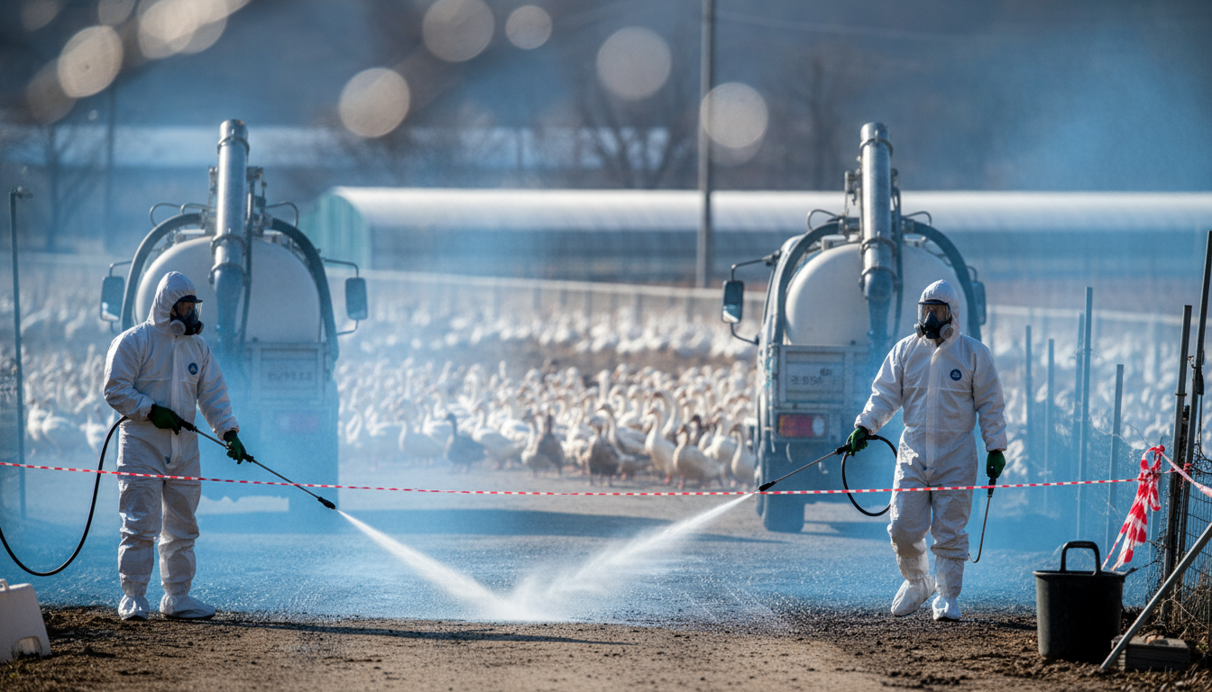 전라남도 구례군 육용오리 농장 입구에서 방역복을 착용한 관계자들이 H5N1형 고병원성 조류인플루엔자 방역 소독 작업을 실시하는 장면