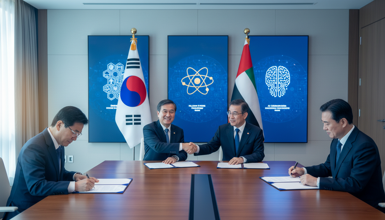 한국 정부 합동 특사단과 UAE 대표단이 회의 테이블에서 650억 달러 전략경제협력 협약서에 서명하는 공식 외교 장면