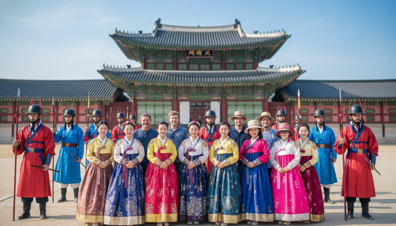 경복궁 광화문 앞에서 한복을 입은 외국인 관광객들이 수문장 교대식을 배경으로 기념사진을 찍는 장면